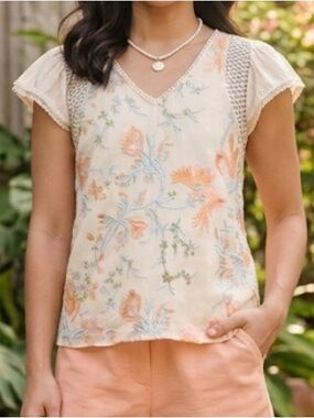 Embroidered Cream Floral Women's Top with Blue & Orange Accents